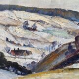 Mid-century modern "mountain views" vintage winter landscape oil painting, framed