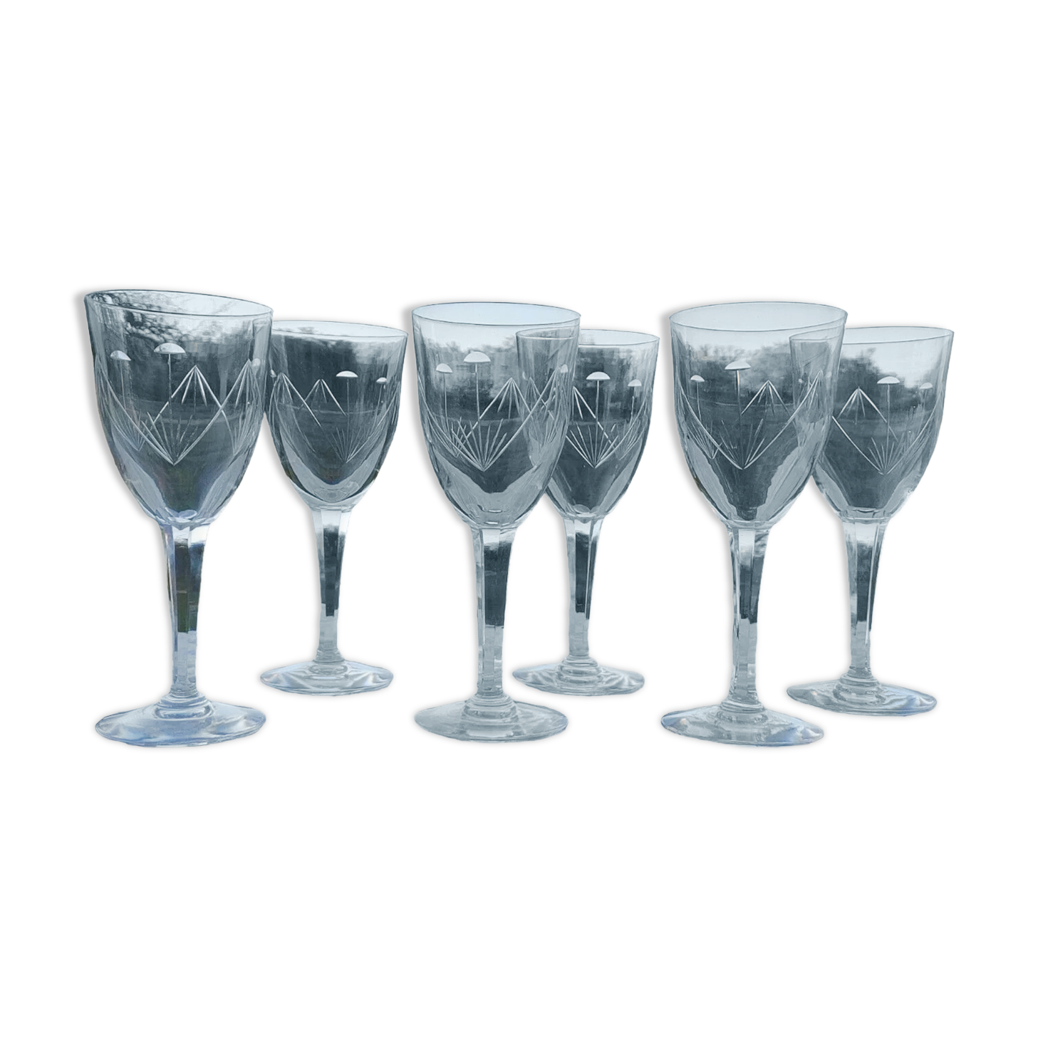 6 crystal cut water glasses faceted leg baccarat or saint louis
