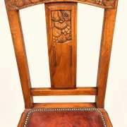 5 Art Deco Chairs in Carved Walnut, Upholstered with Studded Leather – 1920s