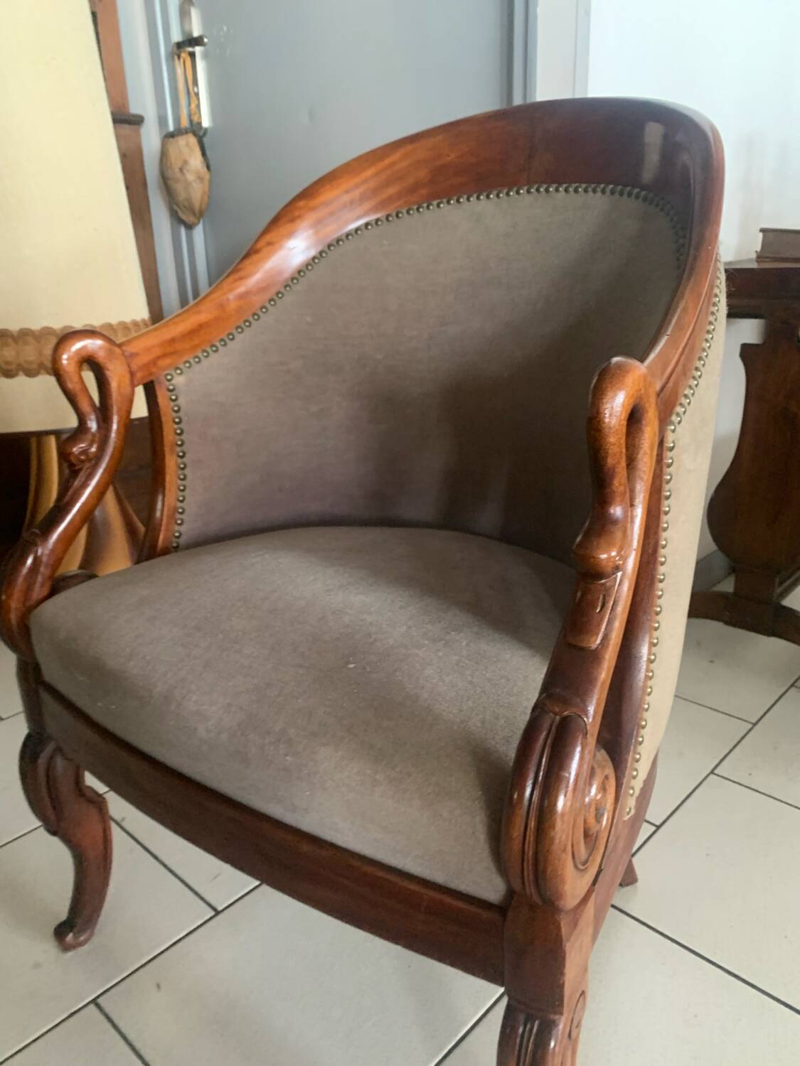 Antique armchair, Restoration style, swan neck