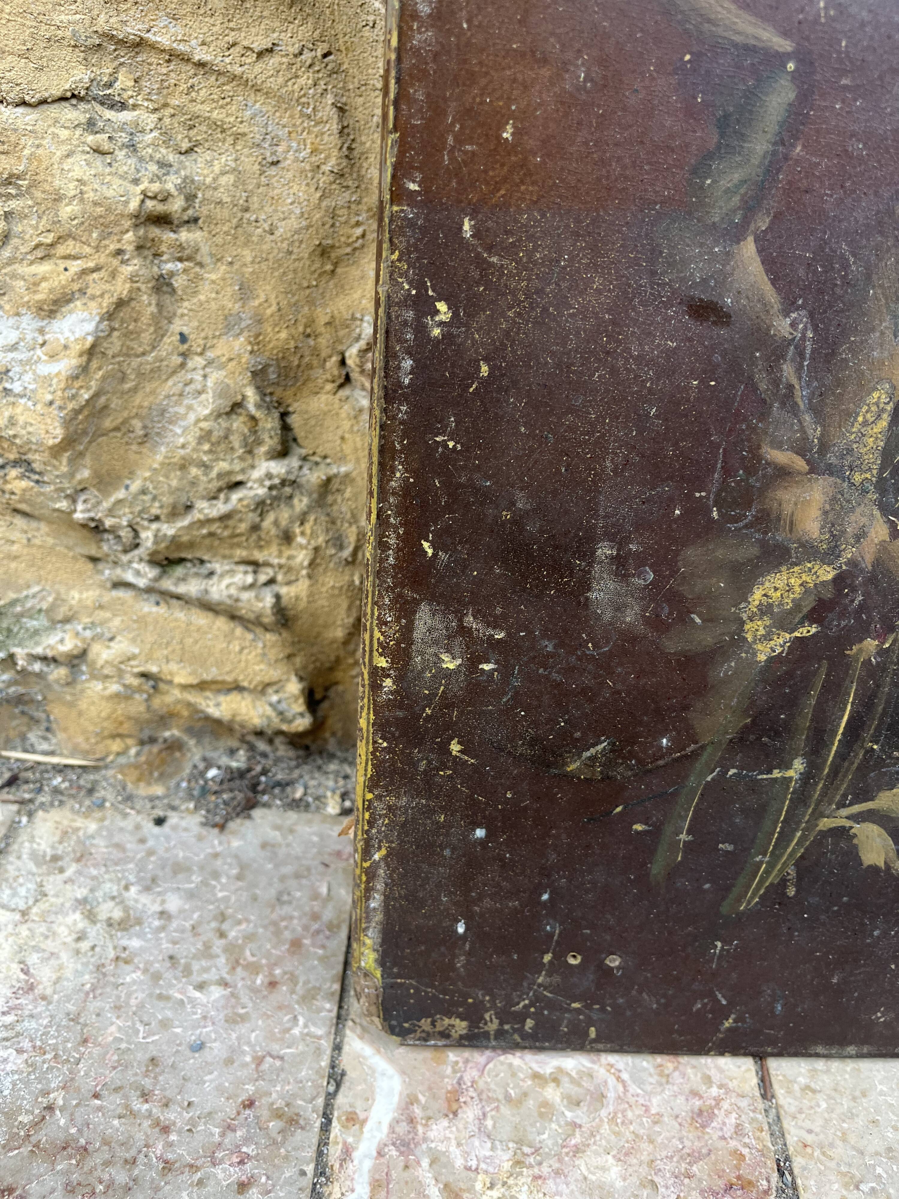 Old floral painting – bouquet of chrysanthemums – panel painting