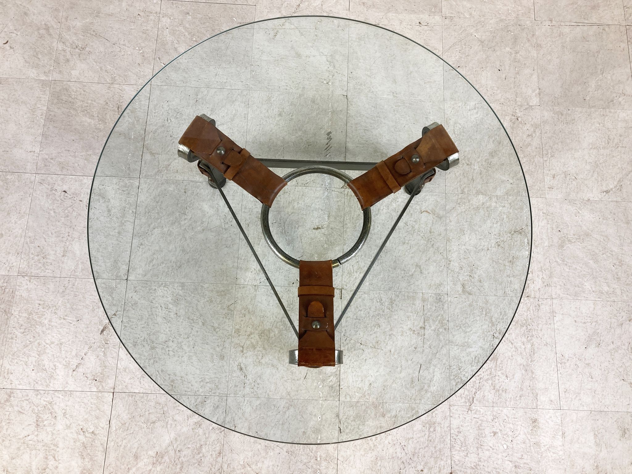 Mid century iron and leather coffee table, 1950s