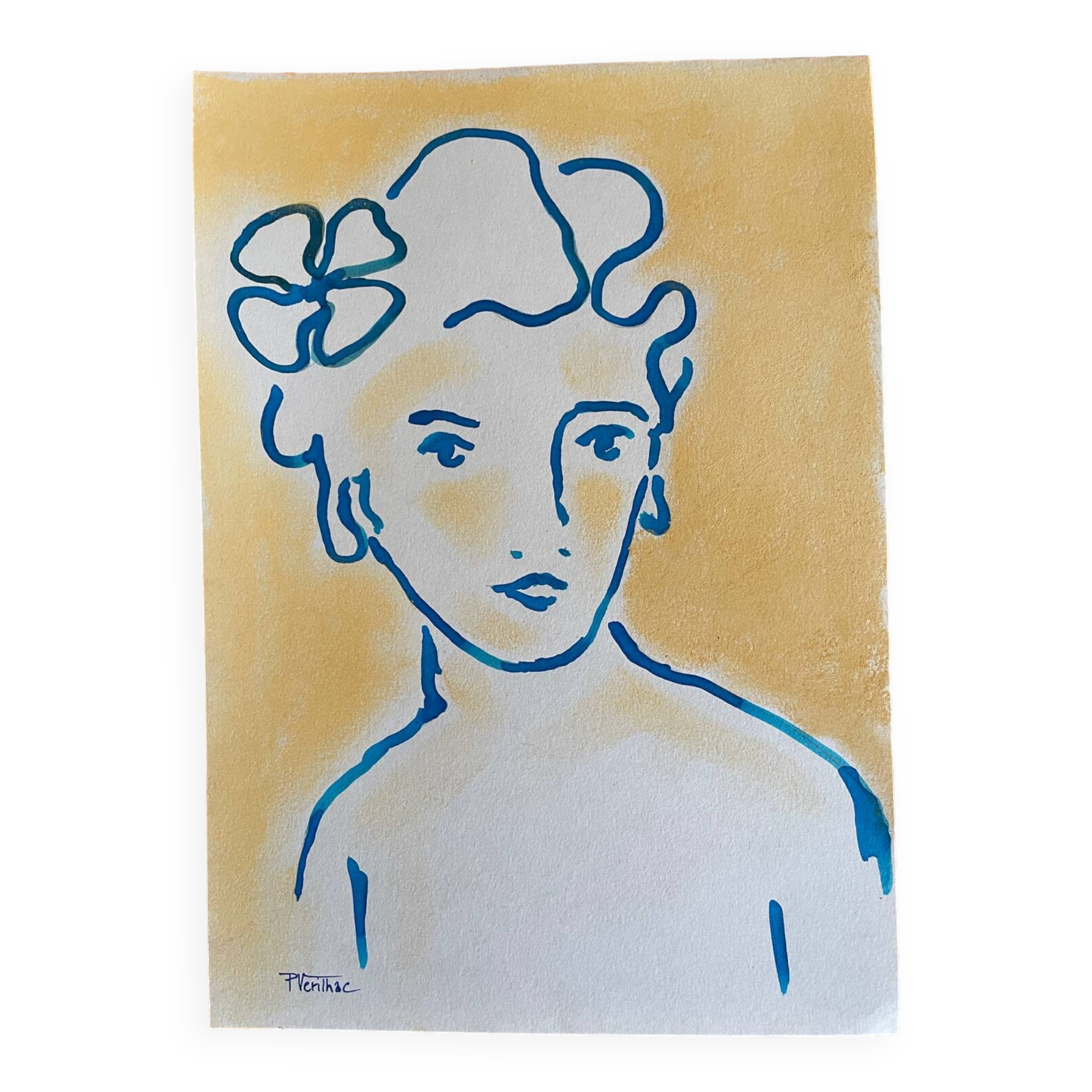 Signed painting in Chinese ink and pastel, “art deco” female portrait