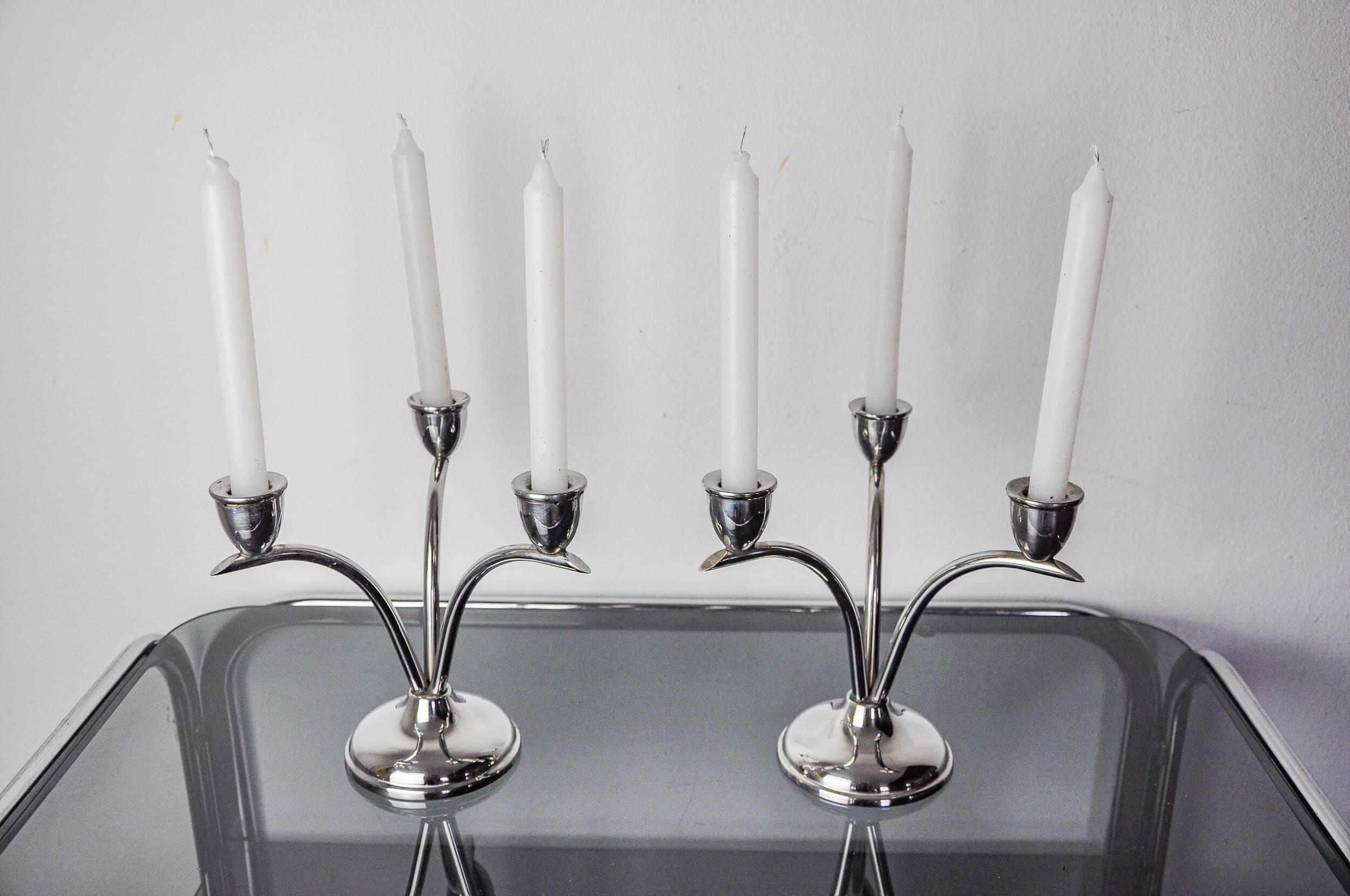 Pair of art deco stainless steel 3-flame candlesticks, Spain, 1970