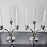 Pair of art deco stainless steel 3-flame candlesticks, Spain, 1970
