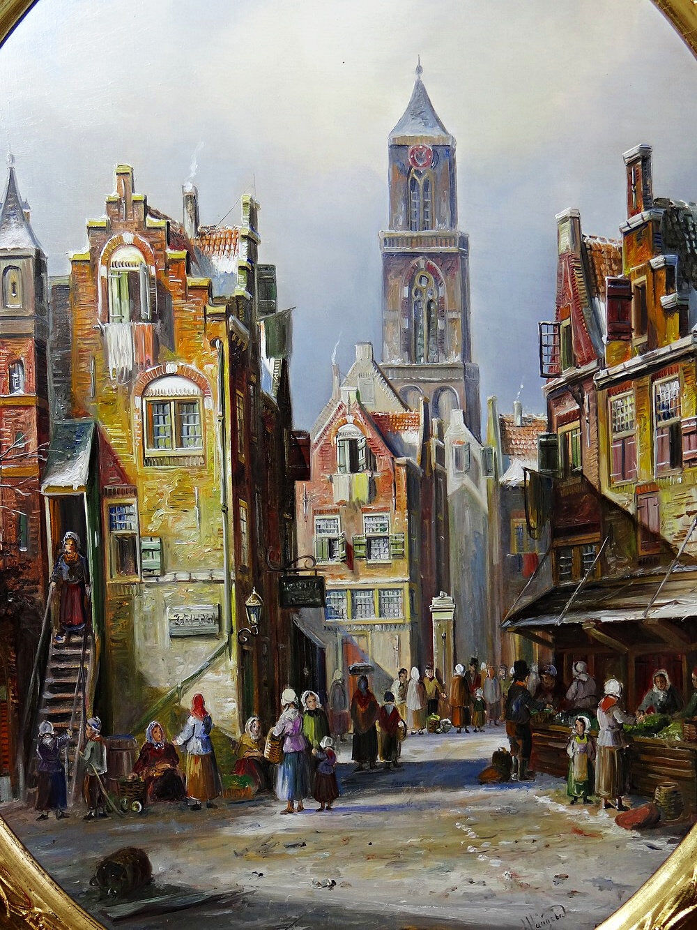 Large painting of an urban scene, oil on wood, framed, John Haanstra, vintage.