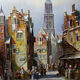 Large painting of an urban scene, oil on wood, framed, John Haanstra, vintage.