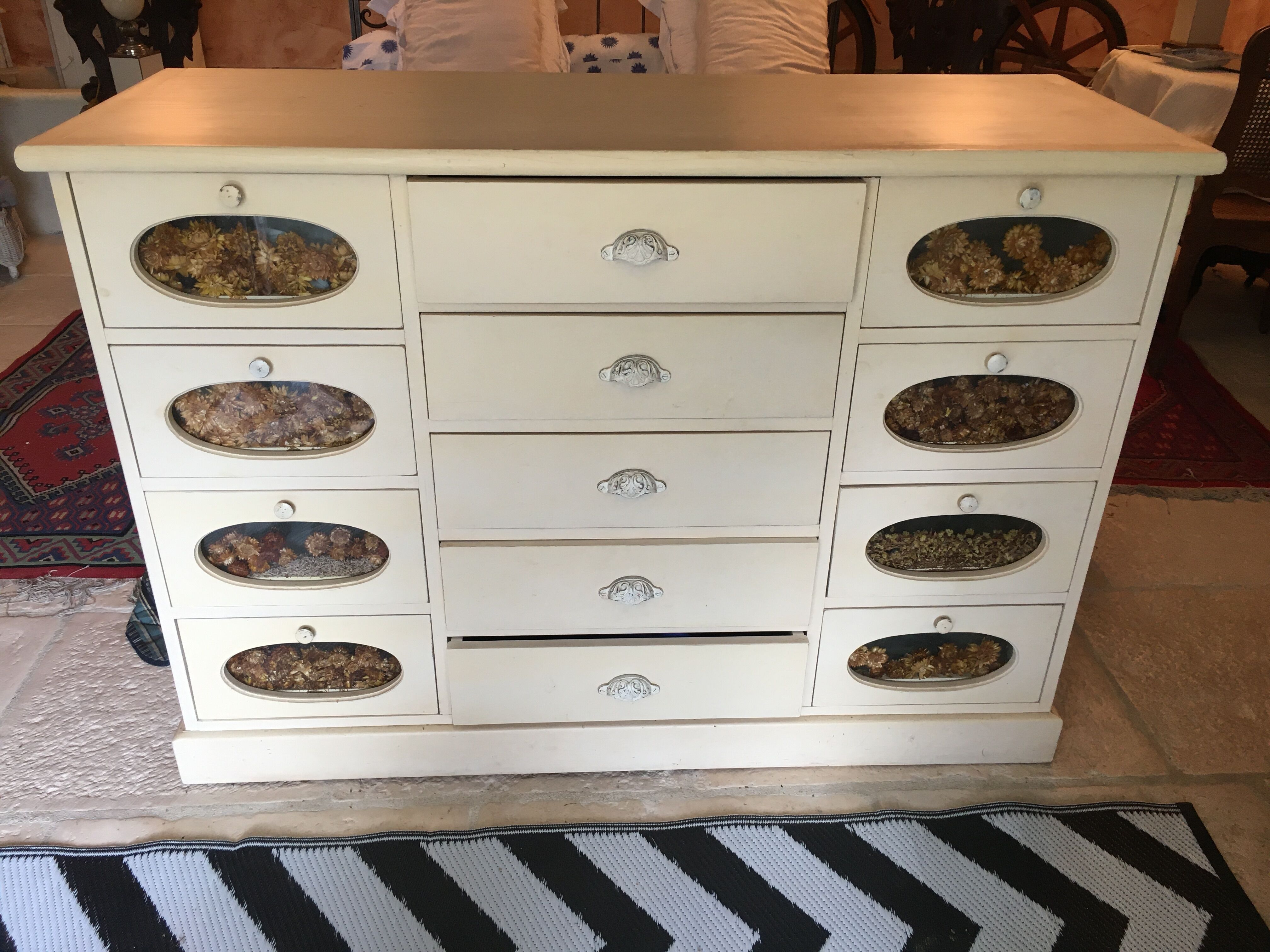 White patinated pine grain cabinet