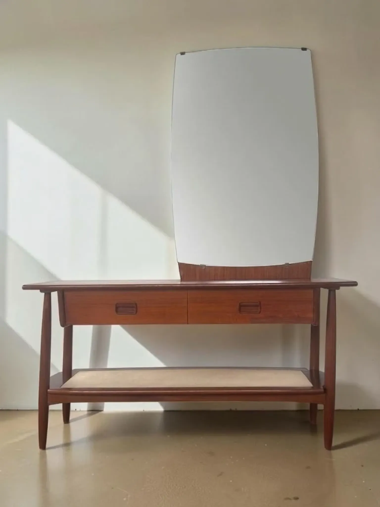 Vintage teak dressing table with mirror and drawers.