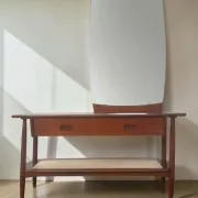 Vintage teak dressing table with mirror and drawers.