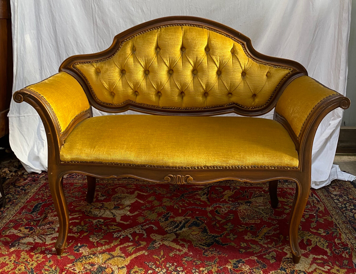 Louis XV style bench upholstered yellow velvet