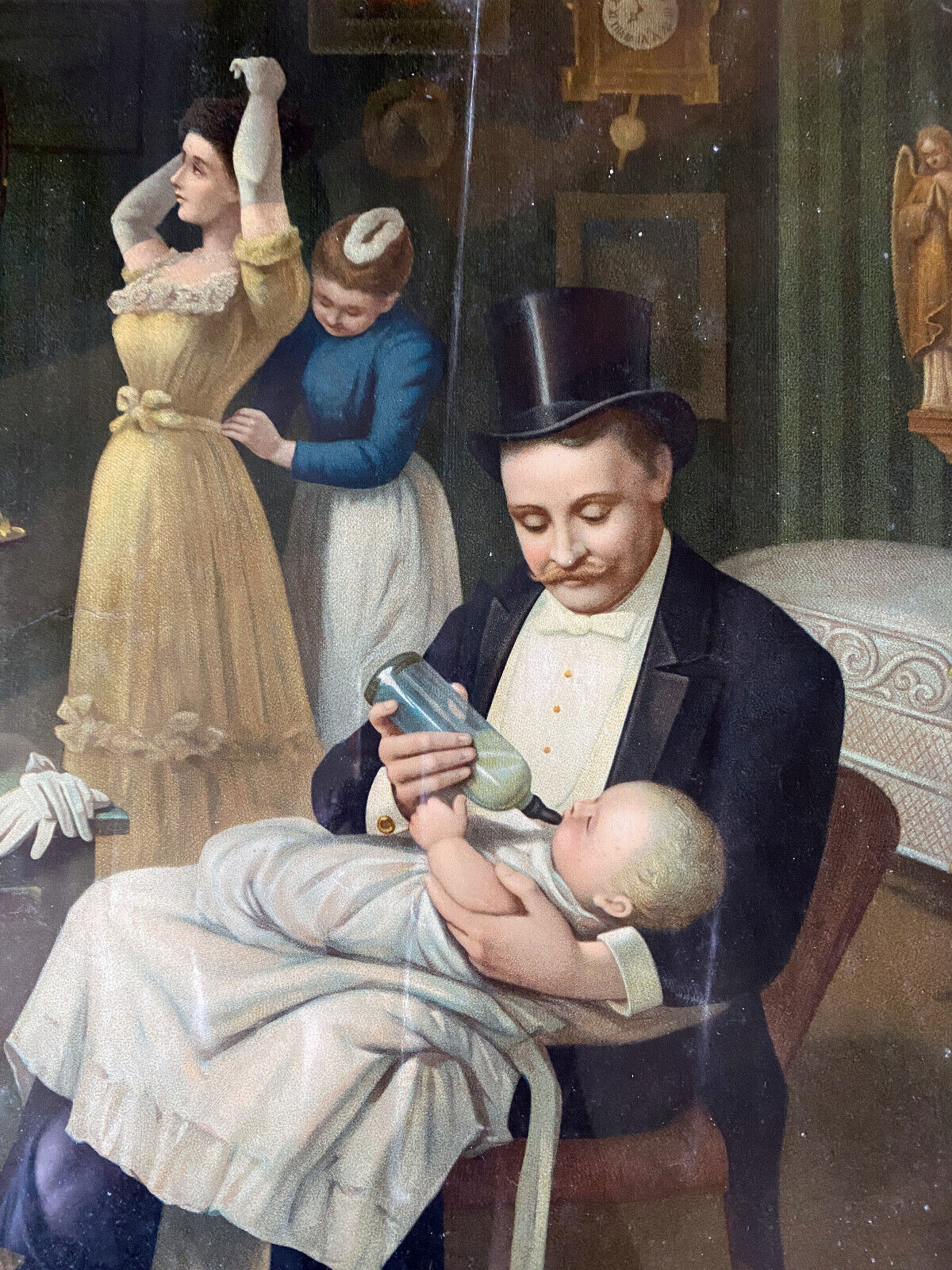 Painting chromo 1900 elegant parisian family scene and papa bottle