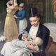 Painting chromo 1900 elegant parisian family scene and papa bottle