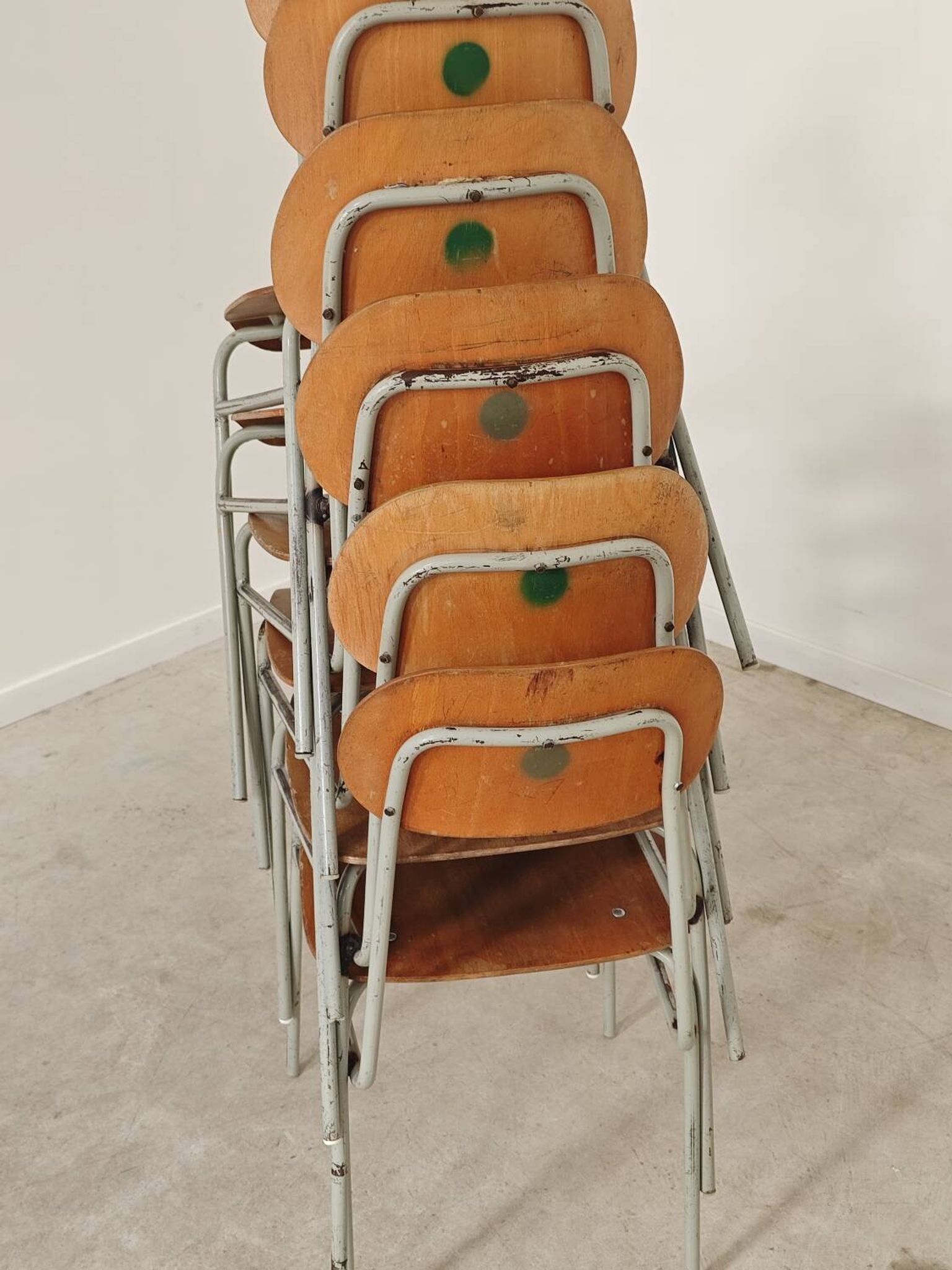 Set of 4 metal and wood school chairs, former Czechoslovakia, 1960.