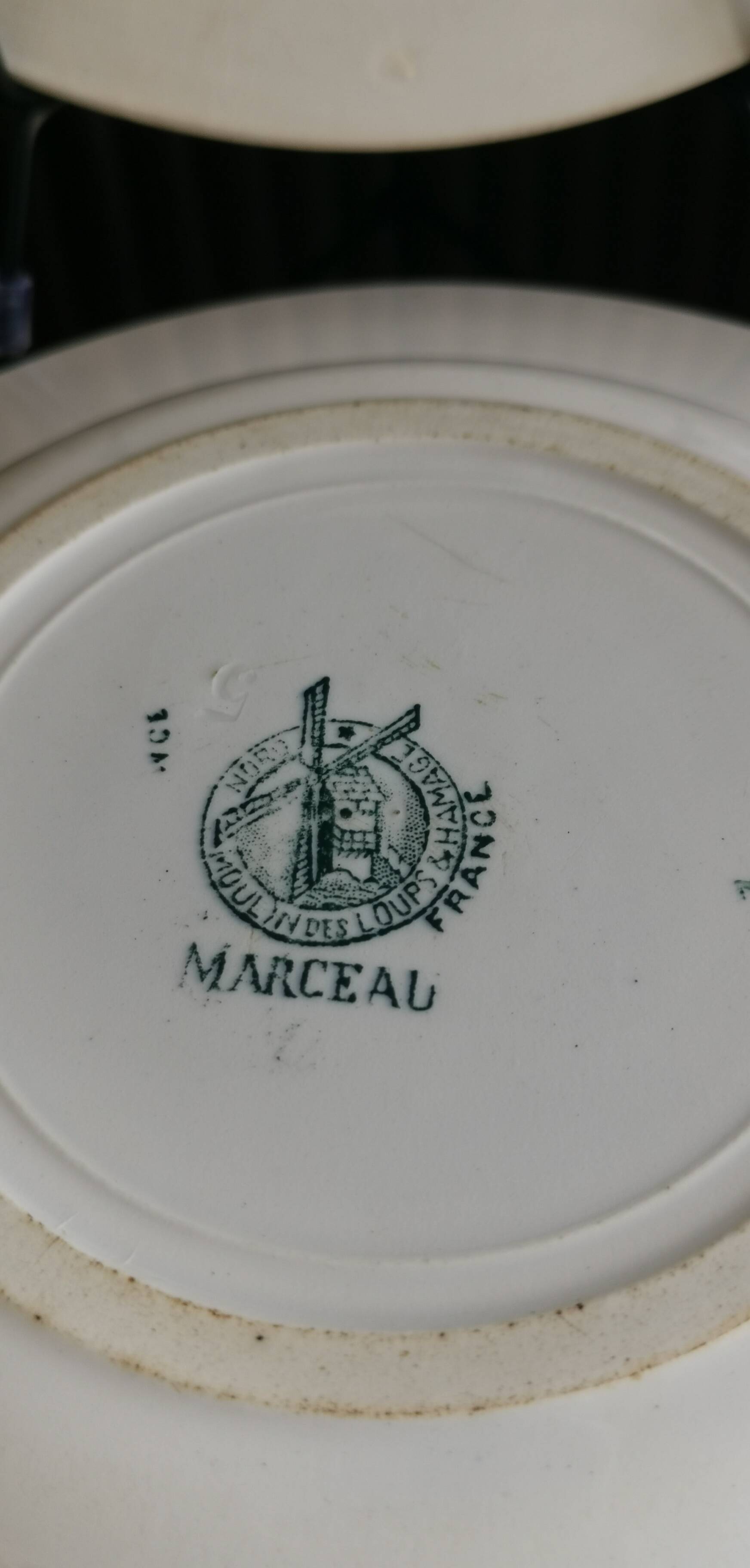 6 old mismatched deep plates Terre de Fer, glass and blue colors