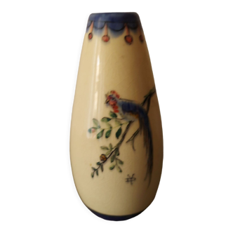 Signed art deco vase, bird of paradise décor