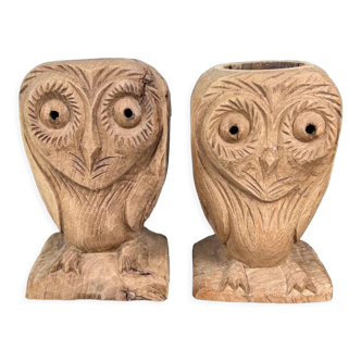 Pair of wooden "owl" candlesticks
