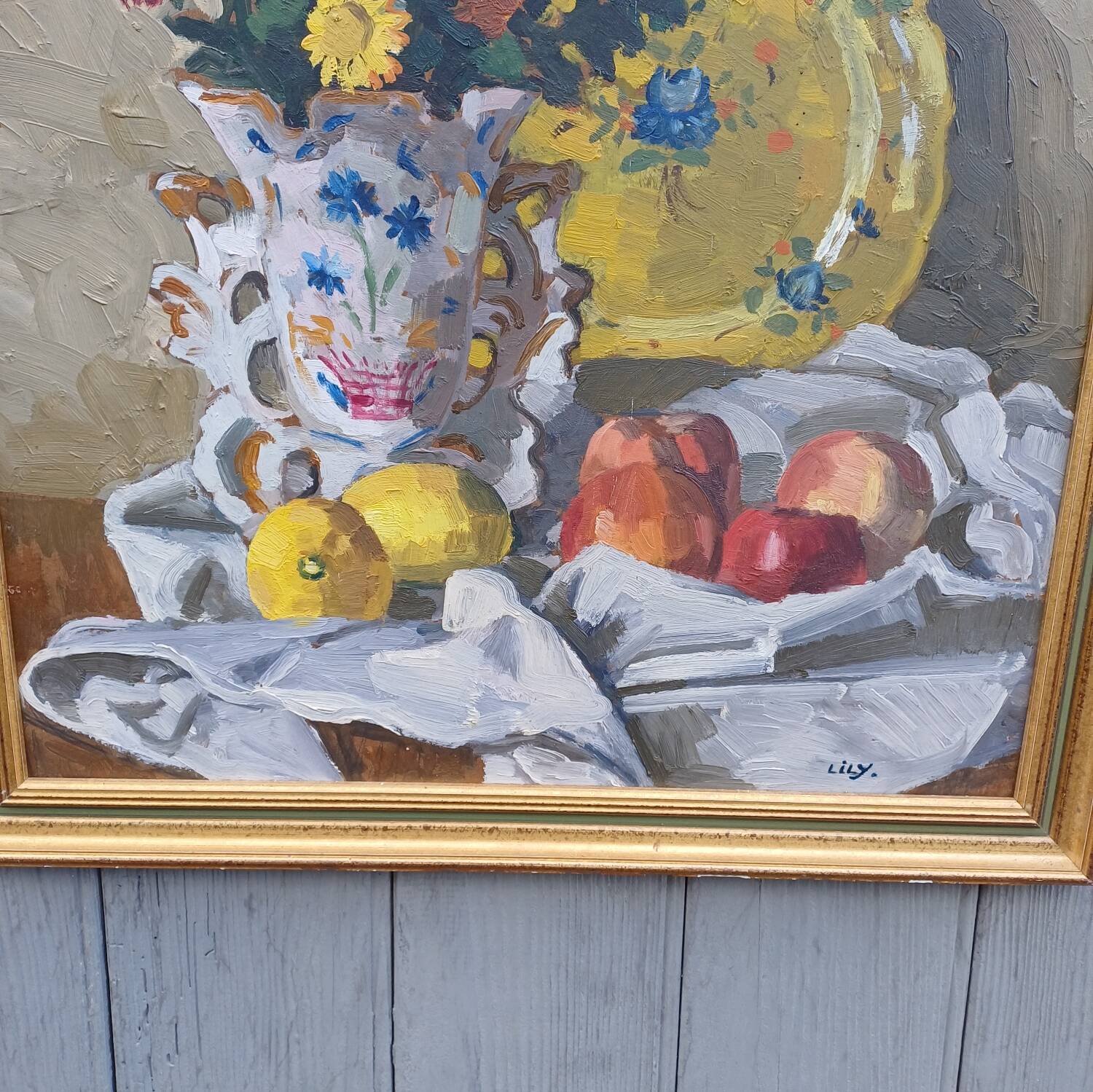 Peinture ancienne vase de marié avec son bouquet