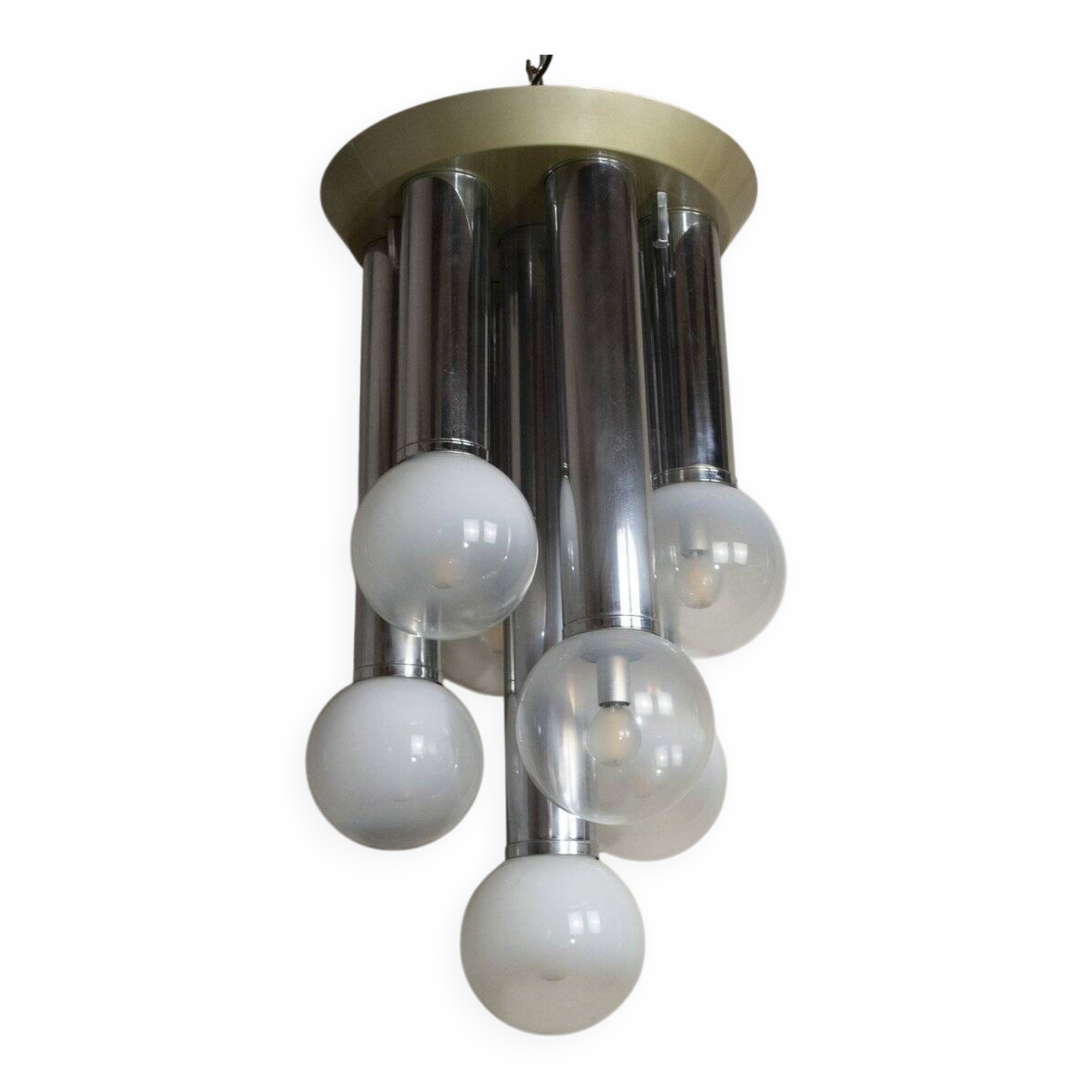 Chandelier with 7 lights in frosted glass, Italy, 1970s