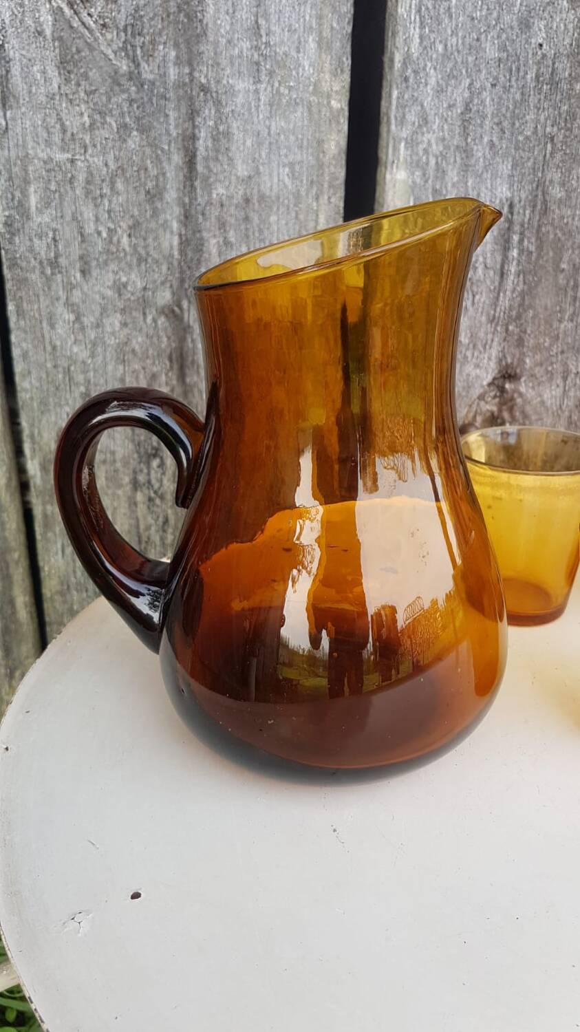 Old orangeade service blown glass carafe + 5 vintage verico glasses #a680