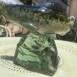 Ceramic trout on glass rock, 1950s, signed