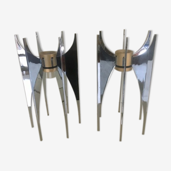 Pair of candle holders in chromed steel 1960