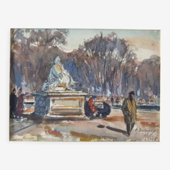 Aquarelle sur papier "Le jardin des Tuileries à Paris" Signée en bas André Duculty (1912-1990)