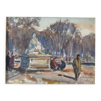 Aquarelle sur papier "Le jardin des Tuileries à Paris" Signée en bas André Duculty (1912-1990)