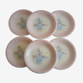 Set of 6 dessert plates pink woman boat art nouveau vintage
