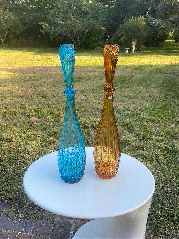Paire de bouteilles en verre d´Empoli made in Italy 1960