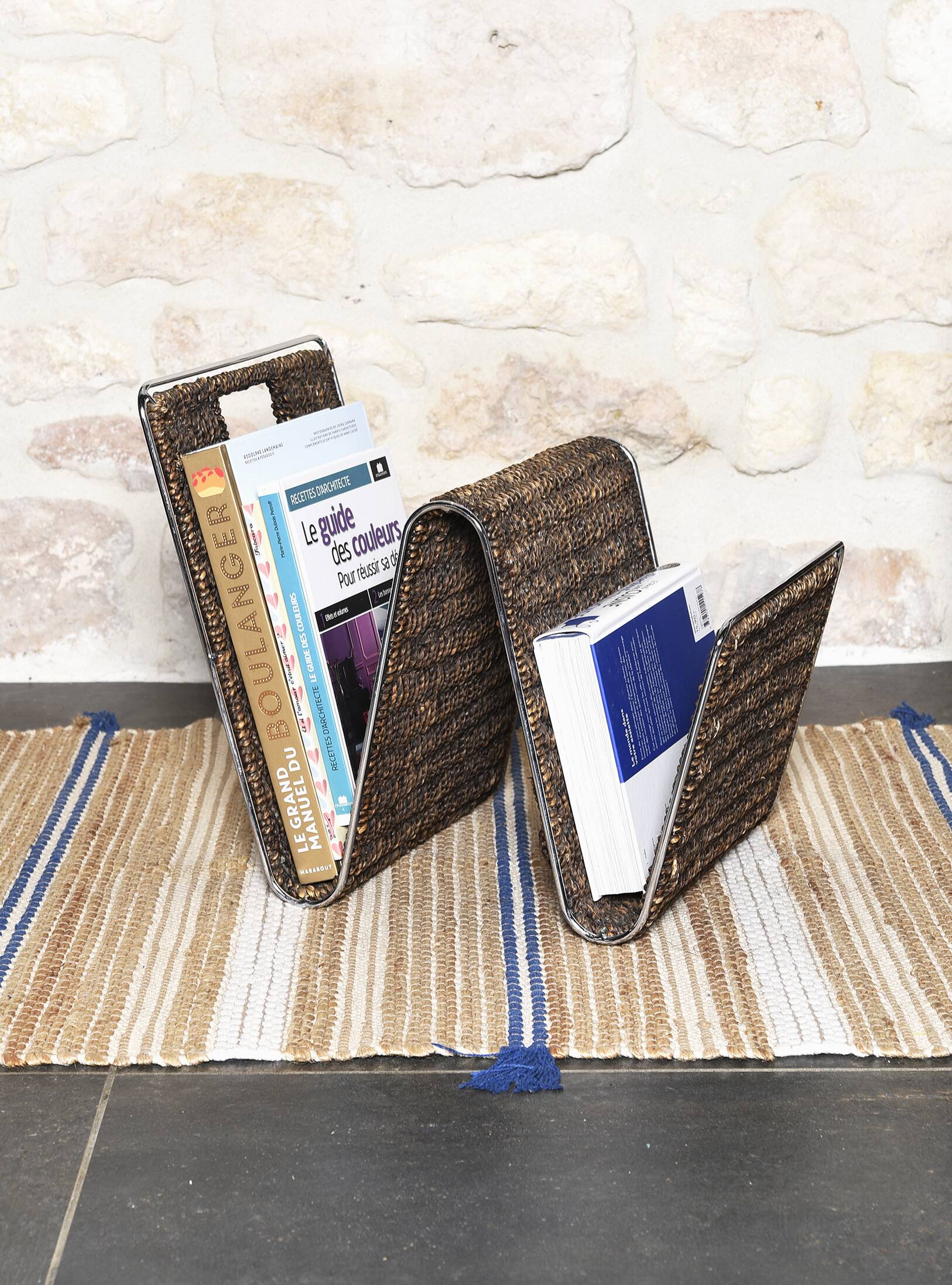 Vintage stainless steel magazine rack, woven rattan