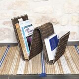 Vintage stainless steel magazine rack, woven rattan