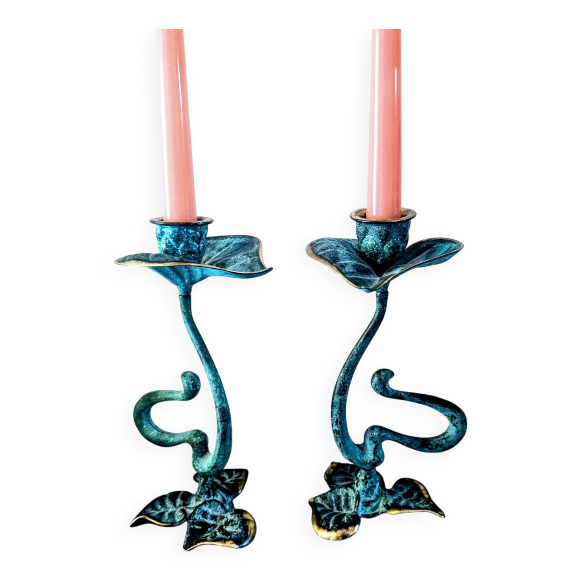Pair of patinated greenish-blue bronze candlesticks Art Nouveau style