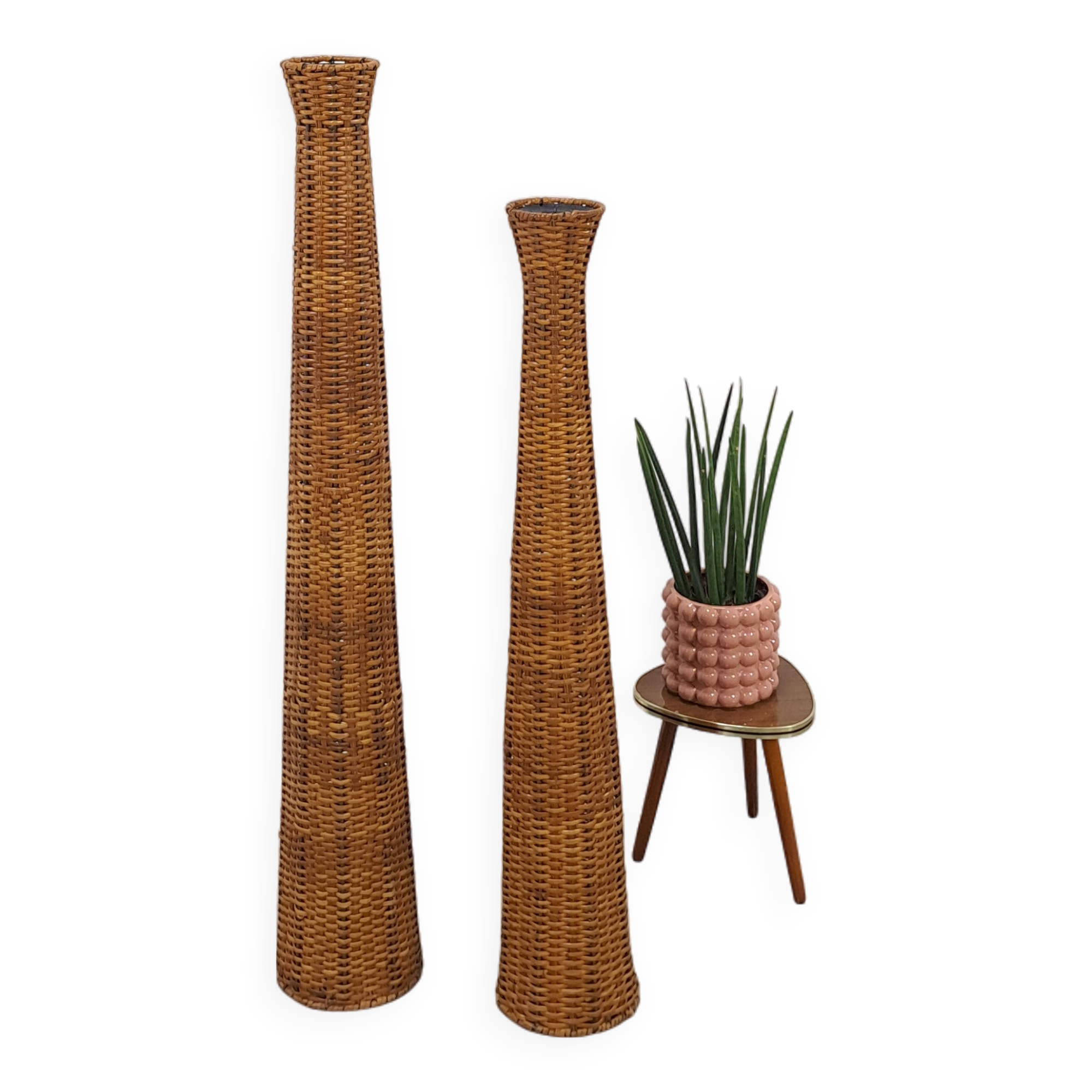 Set hoge rotan kaarsen kandelaar vintage