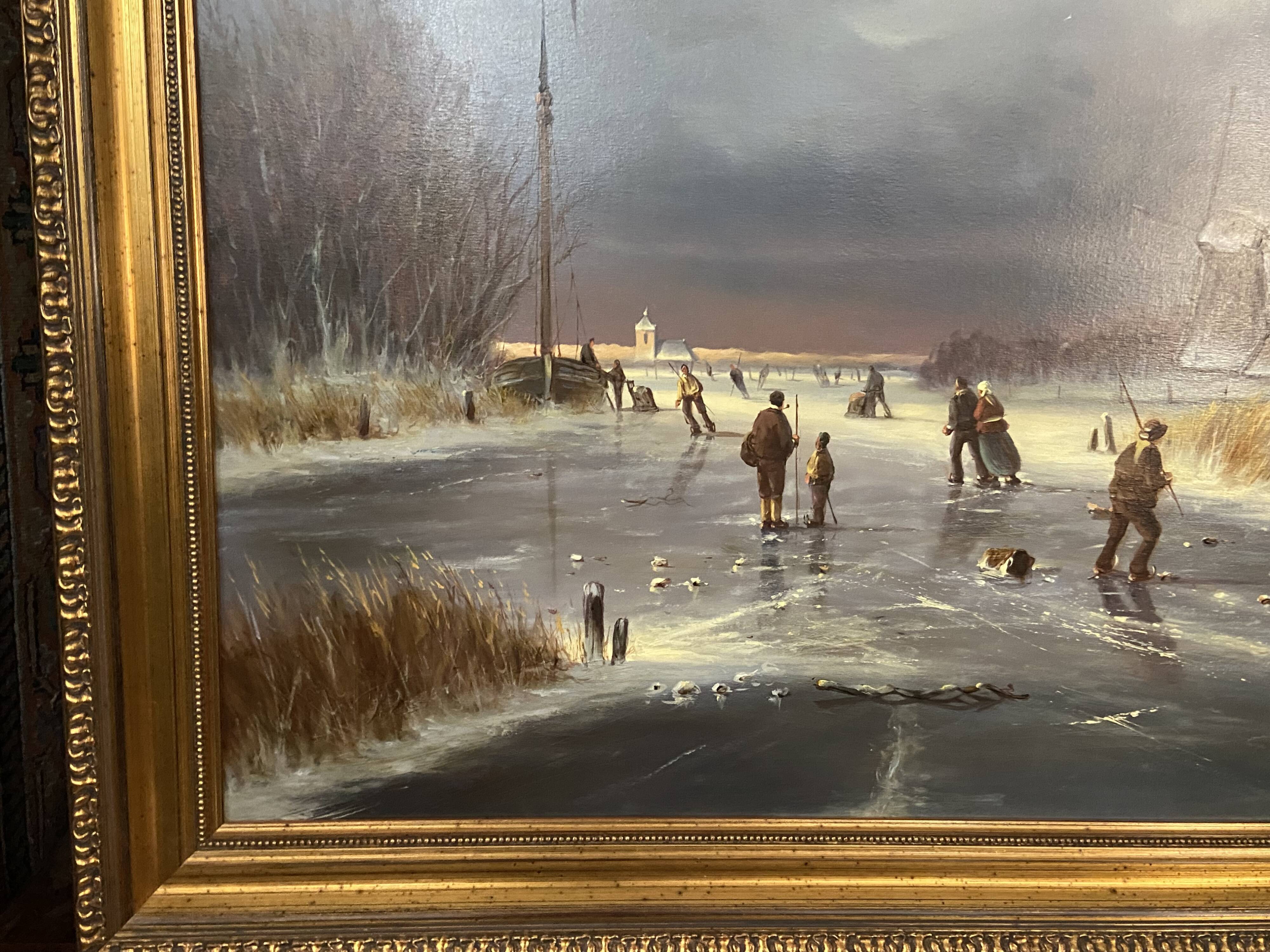 Huge oil painting on canvas Dutch school winter landscape 164x132