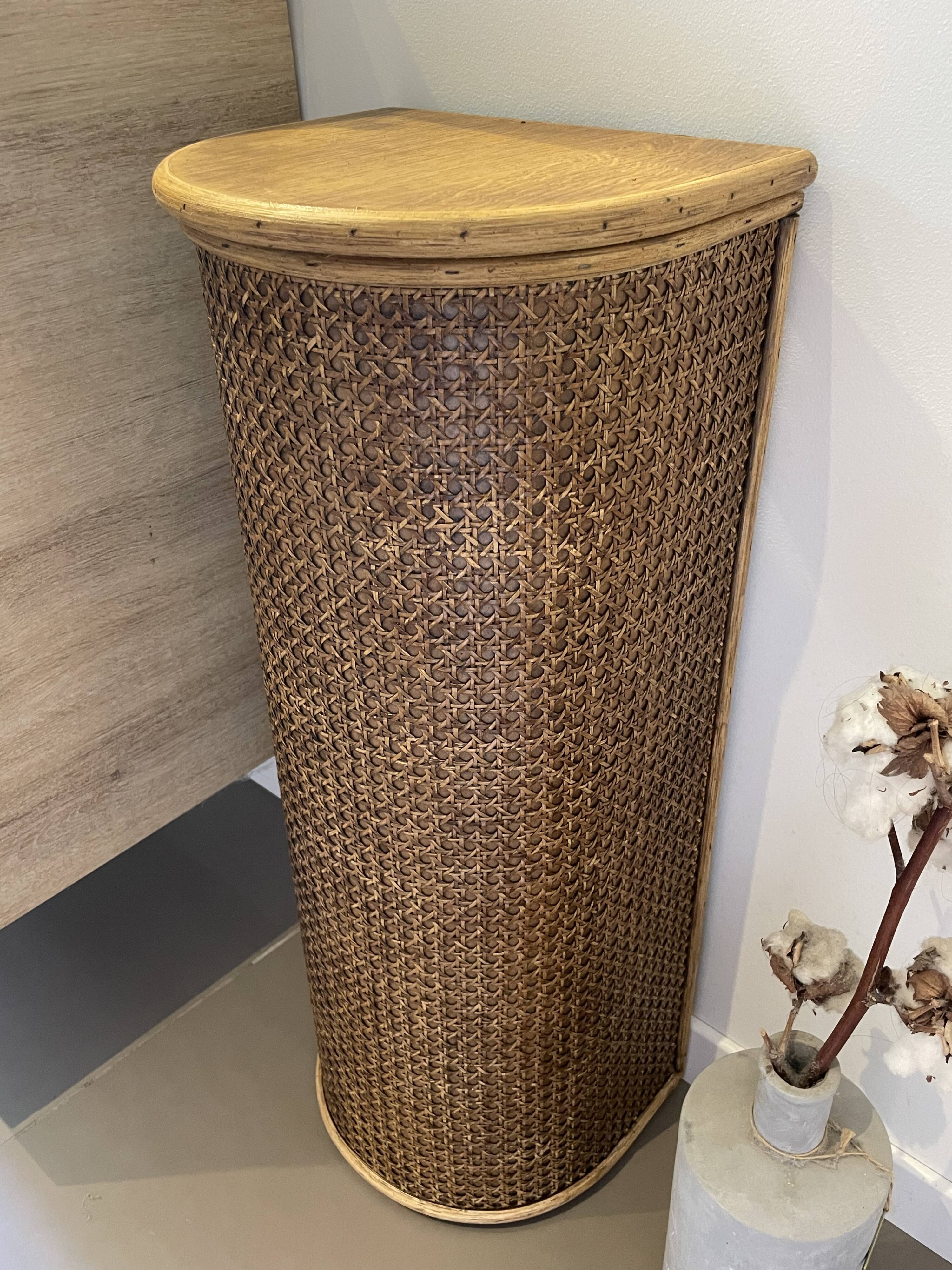 Wooden and cane storage basket with lid