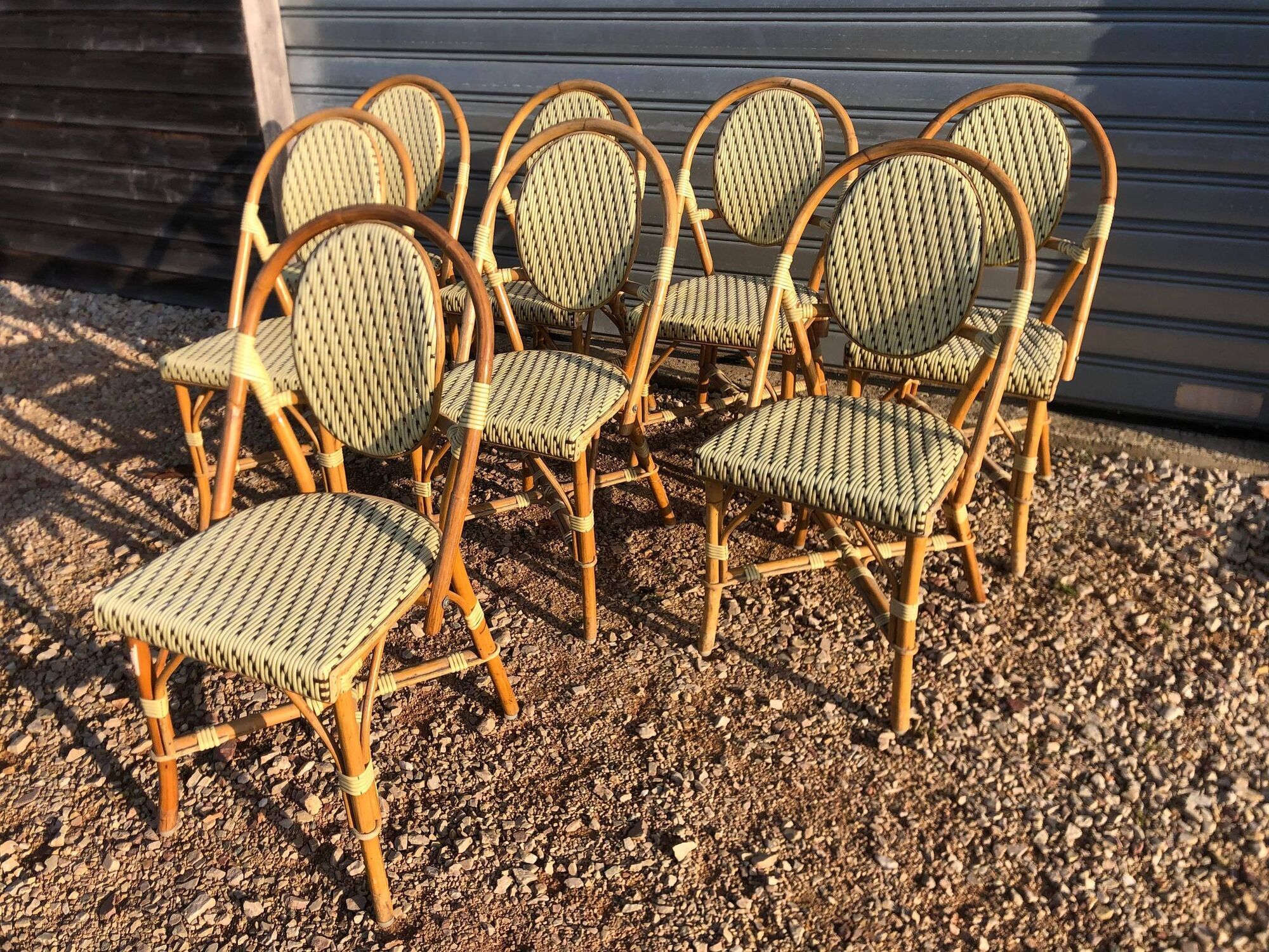 Set of 8 terrace chairs "bistro" in natural rattan beige braiding.
