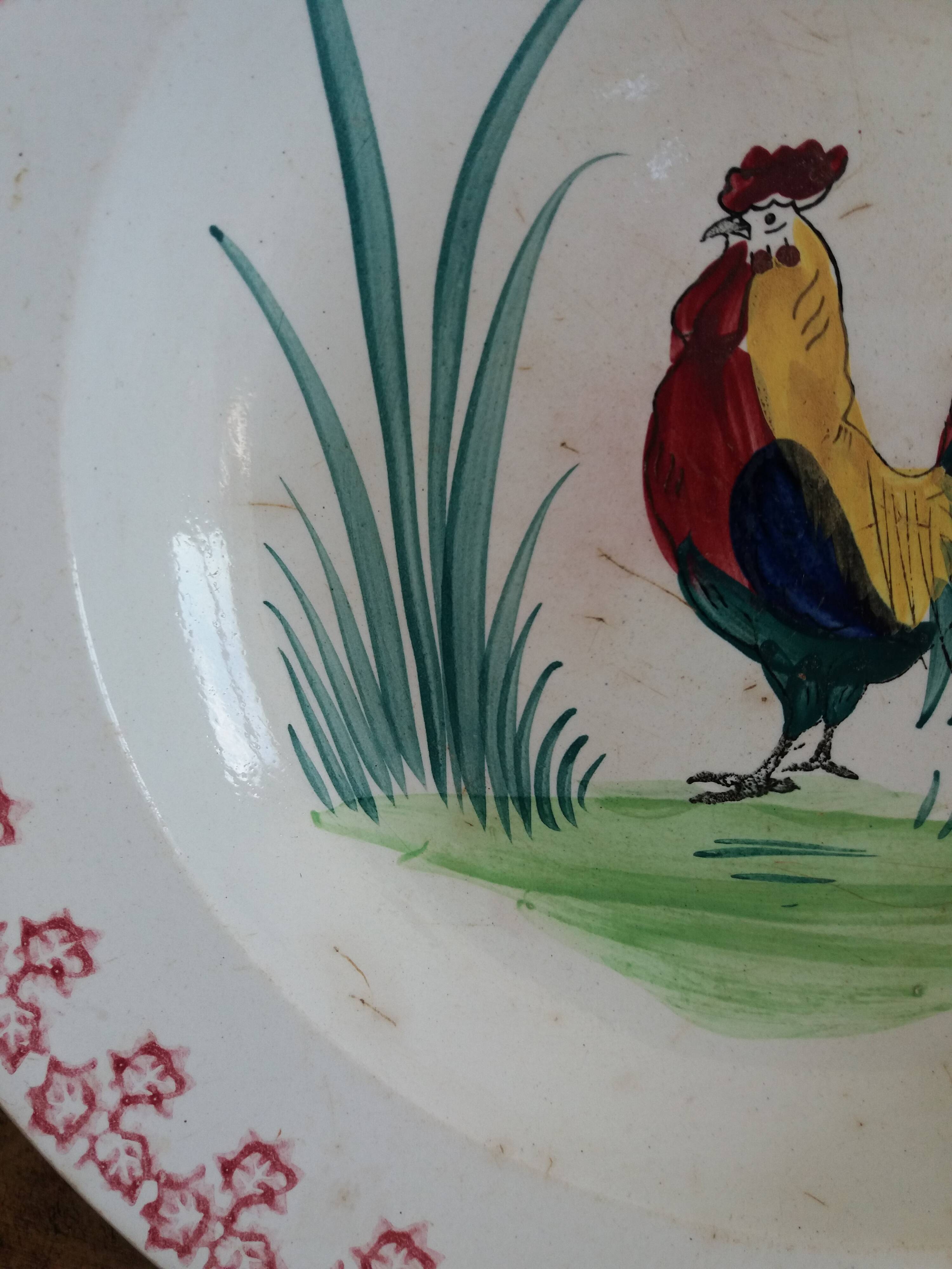 Antique deep dish with hand-painted rooster, Charolles earthenware