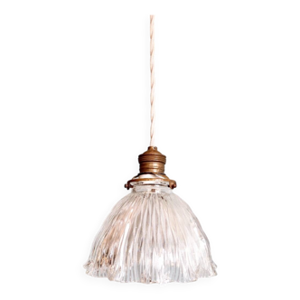 Art Deco Holophane pendant light in grooved clear glass, 1920-30