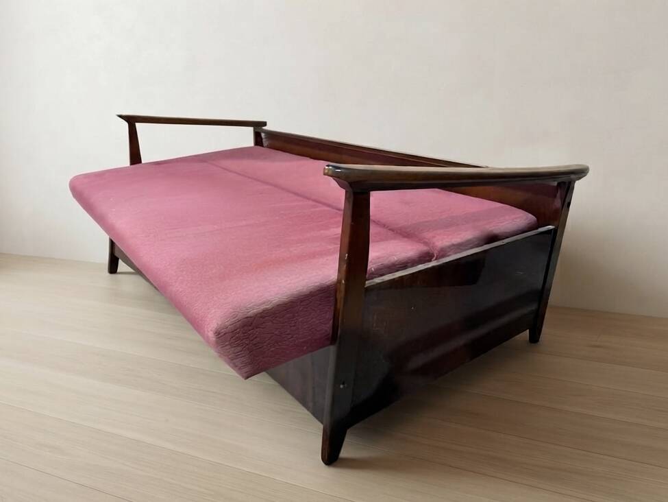 Burgundy folding sofa bed by Edmund Homa, mid-century modern, 1960s, Czechoslovakia, 200 × 88 × 80 cm