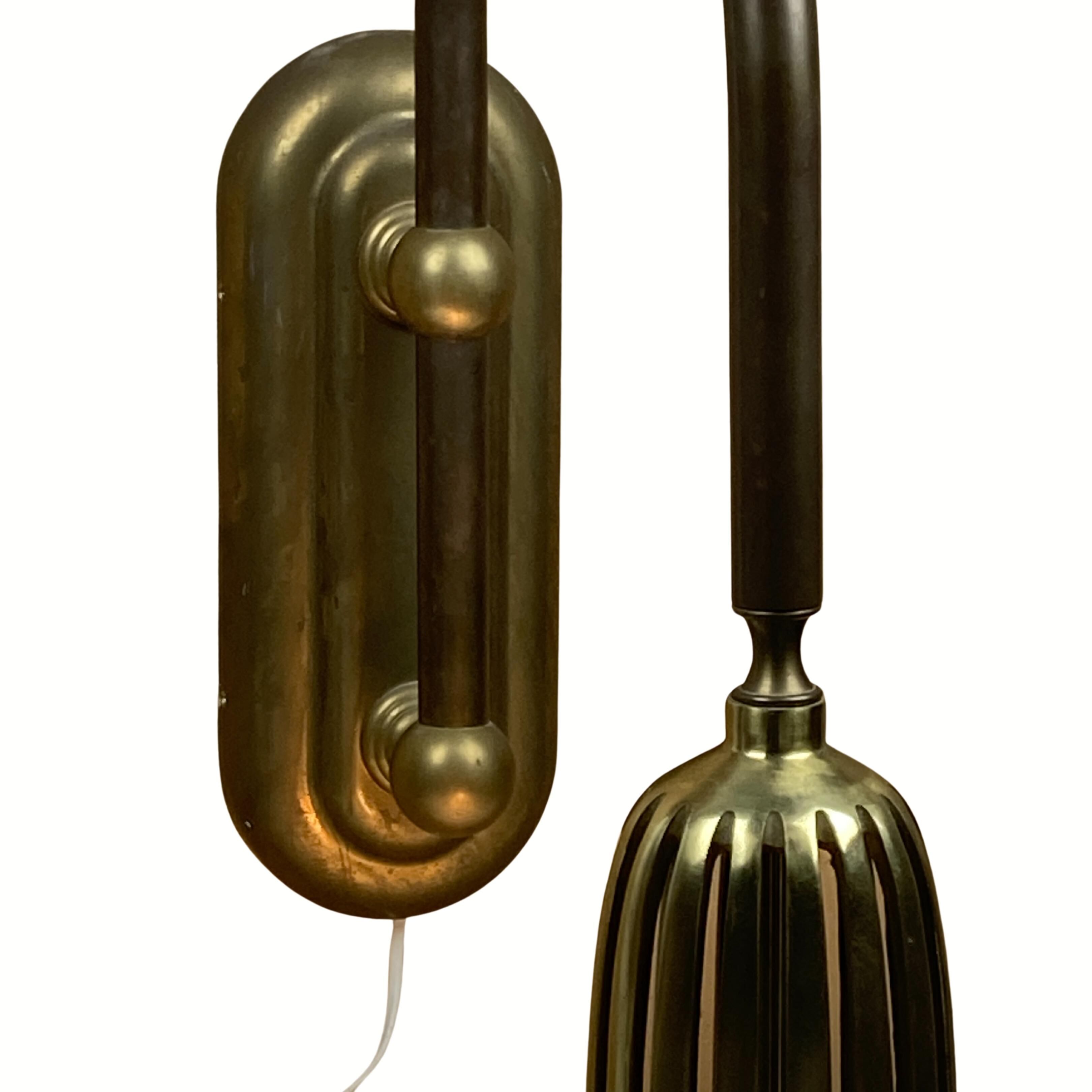 Art deco holophane cut glass and brass wall lamps, 1970