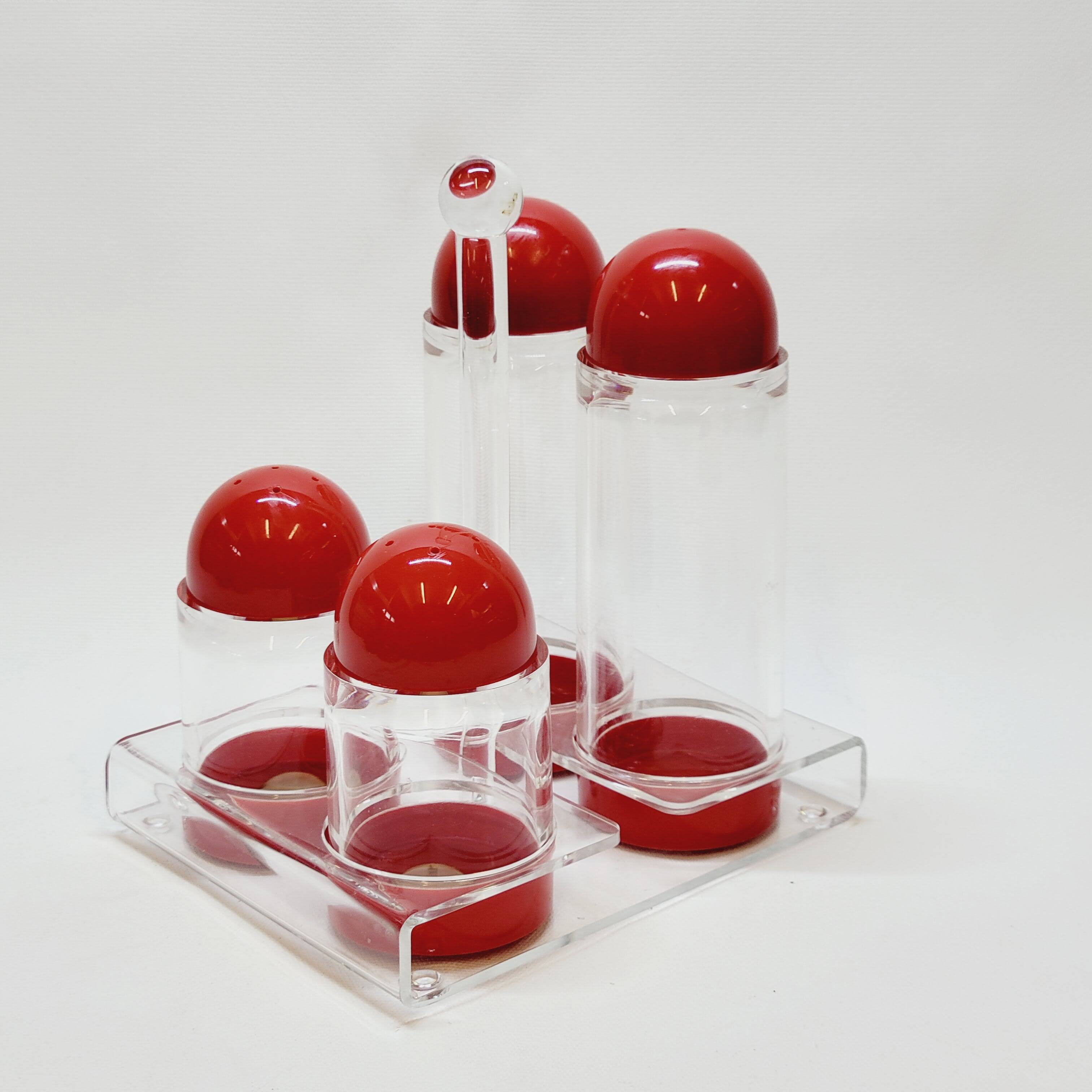 Condiment service oil vinegar salt pepper vintage plexi and red plastic