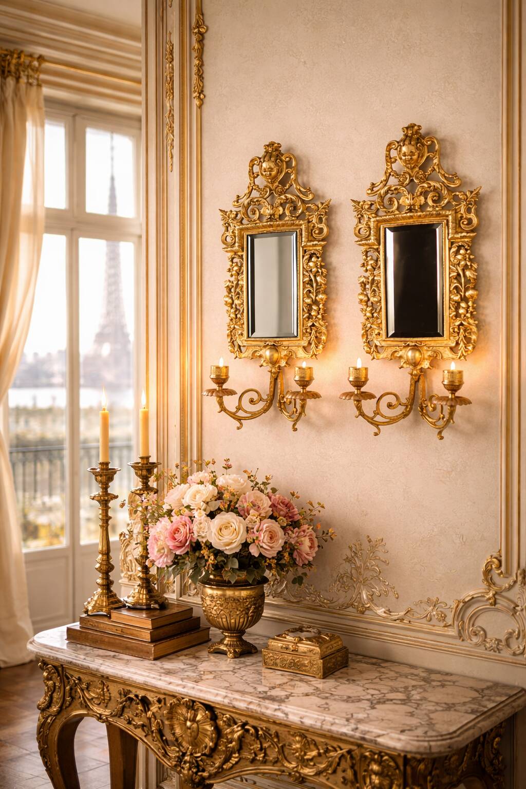 Pair of Napoleon III wall sconces in gilded bronze, with bevelled mirrors.
