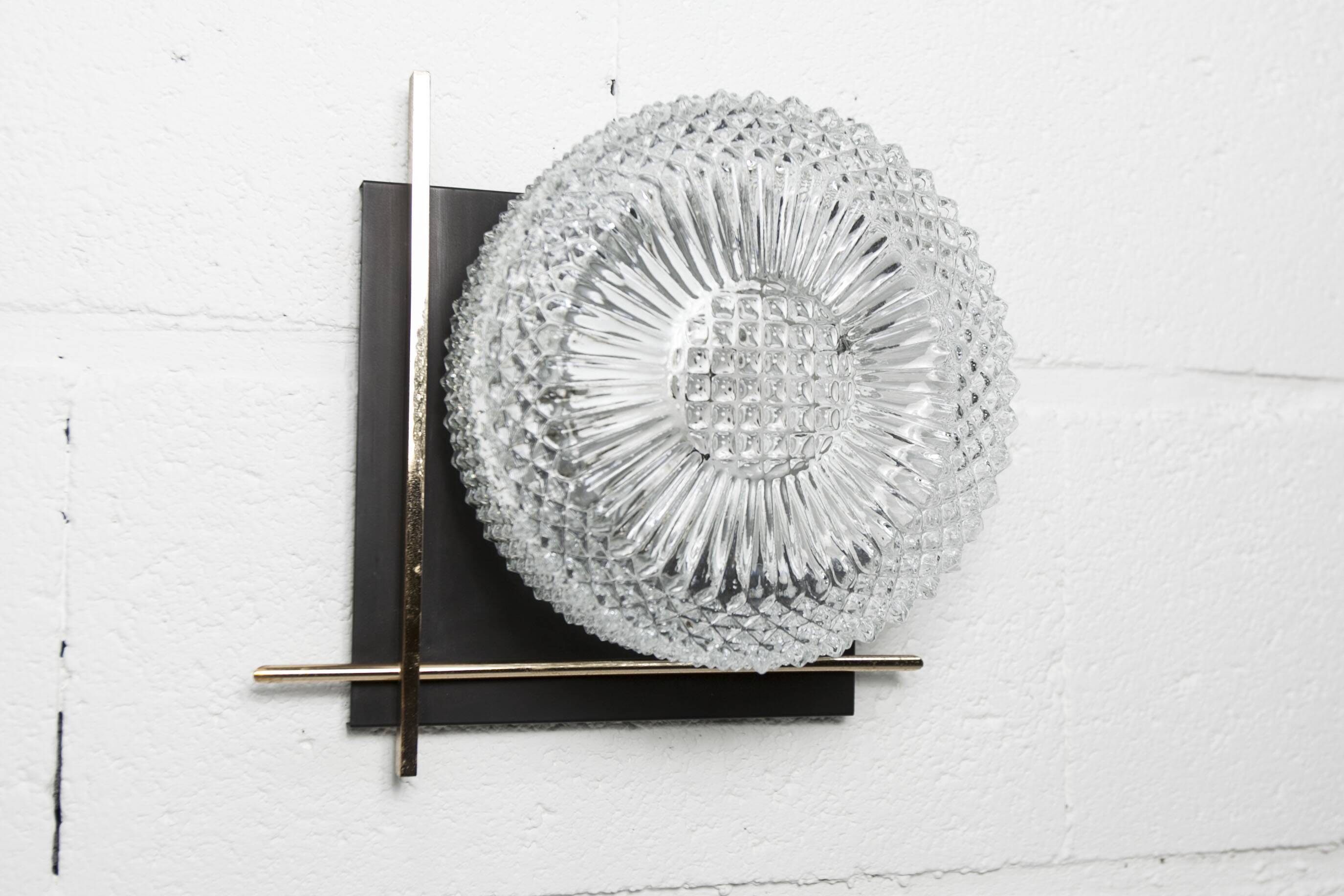 1960 wall light, black metal glass and gold brass rods