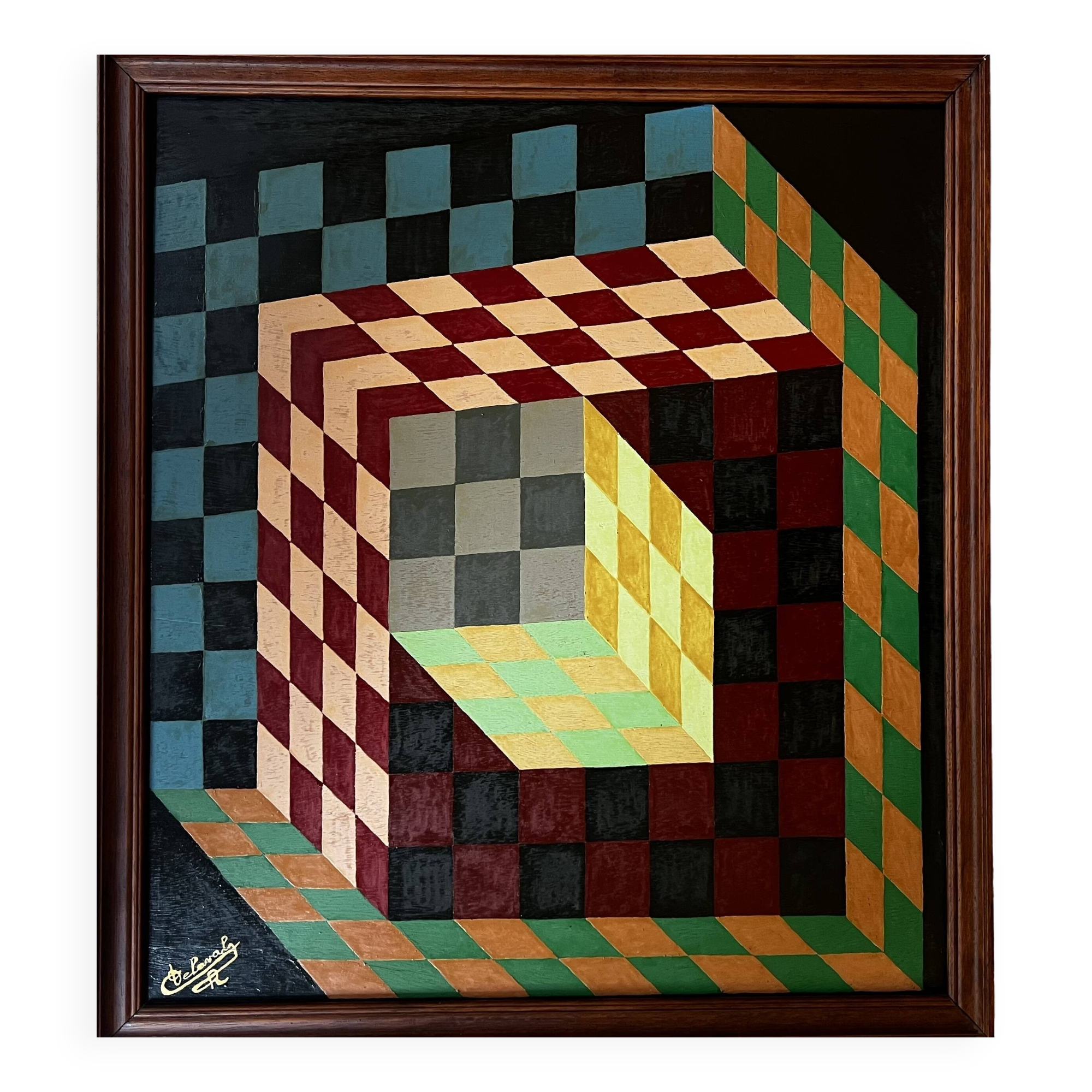 Tableau années 1970 "Hommage à Vasarely", signé