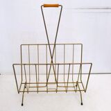 Mid-century openwork magazine rack, in gold metal & wooden handle.