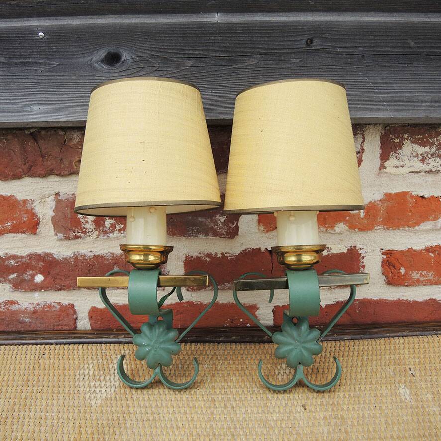 2 old wall lights in brass and painted wrought iron