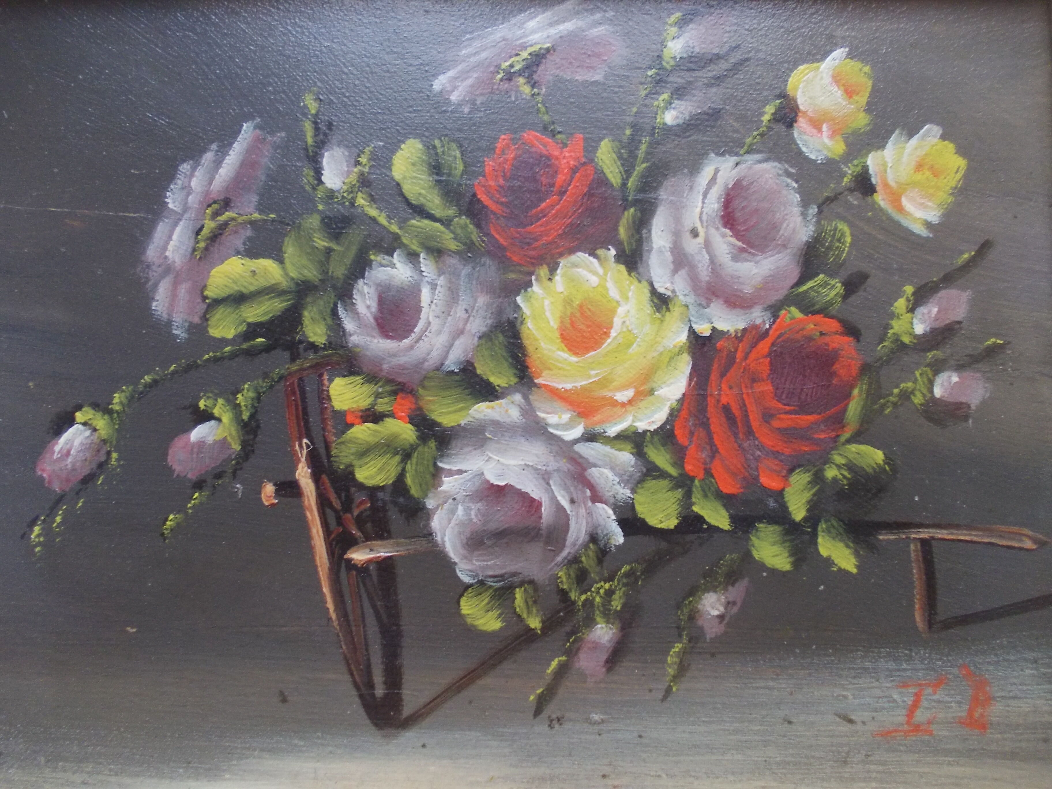 PAINTING oil painted on wood BOUQUET OF ROSES signed C.P., pretty frame ARTEMIS 1975, still life, CP