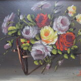 PAINTING oil painted on wood BOUQUET OF ROSES signed C.P., pretty frame ARTEMIS 1975, still life, CP