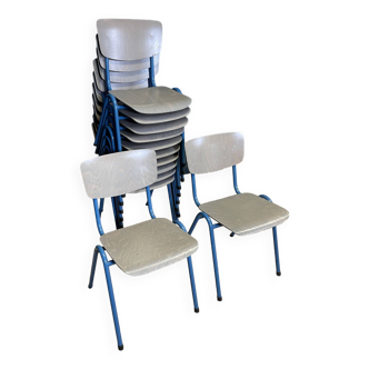 Lot de 12 chaises d'école bois gris pieds bleus Pays-Bas années 70/80